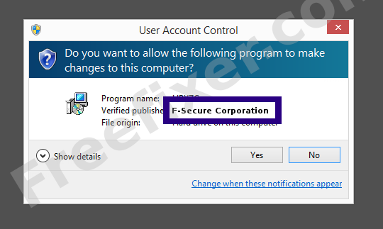 Screenshot where F-Secure Corporation appears as the verified publisher in the UAC dialog